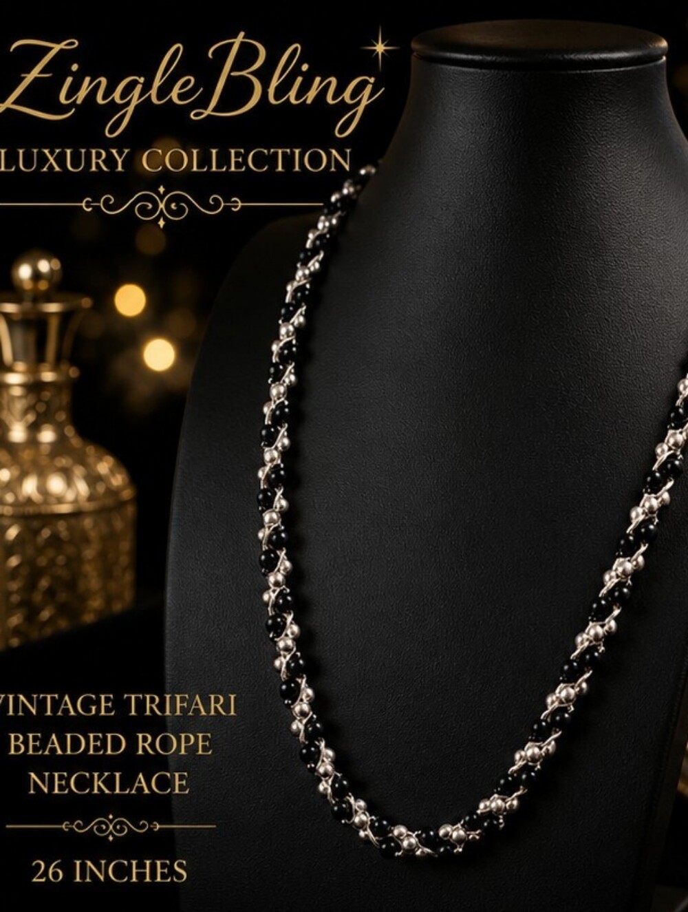 Vintage Trifari Black Silver Beaded Rope Necklace 26 Opera Length Signed Classic